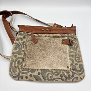 Myra Bag Hide & Floral Print Small Crossbody Bag Cotton Carve Leather Fur